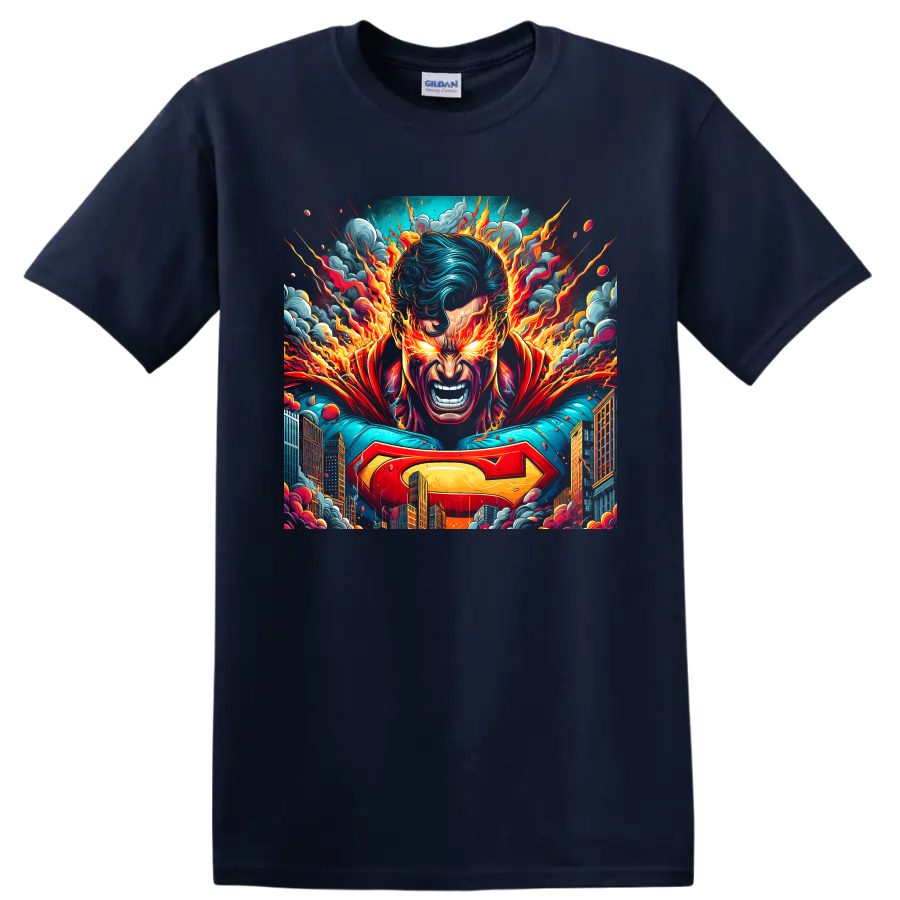 Superman fiery city hero portrait in explosive comic art on a Navy (Blue) T Shirt