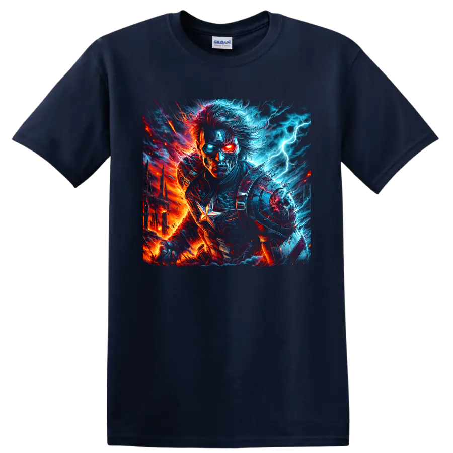 Captain America fire and ice fantasy portrait with lightning and star emblem graphic on a Navy (Blue) T Shirt