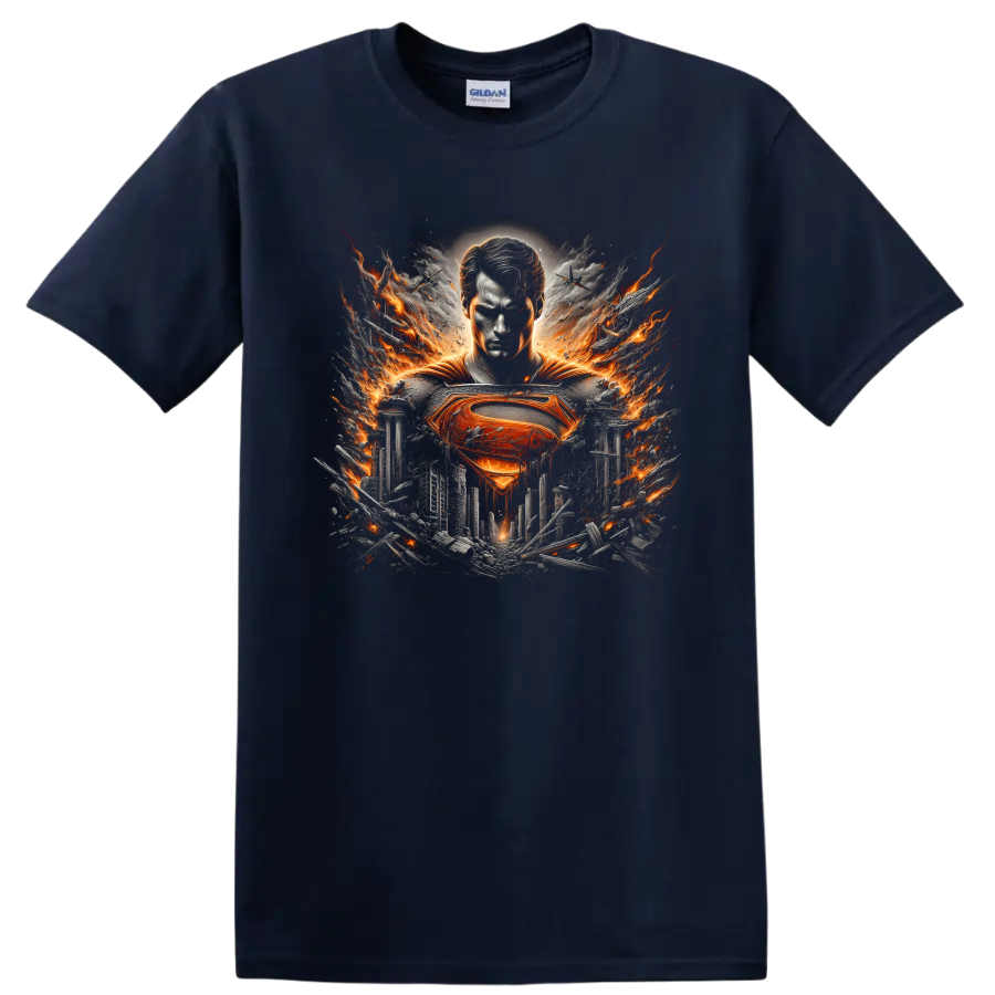 Superman with fiery emblem over a shattered city in cinematic comic book art on a Navy (Blue) T Shirt