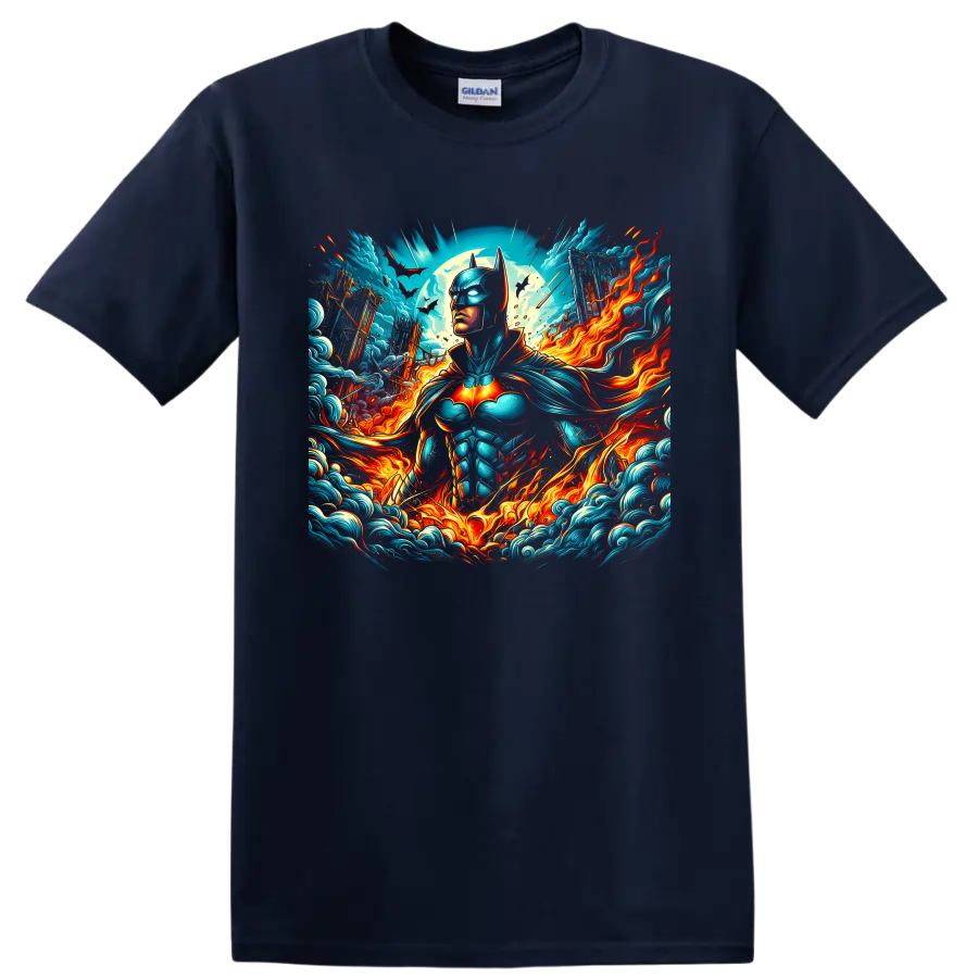 Batman fantasy-comic graphic with moon, bats, teal waves, and swirling fire on a Navy (Blue) T Shirt