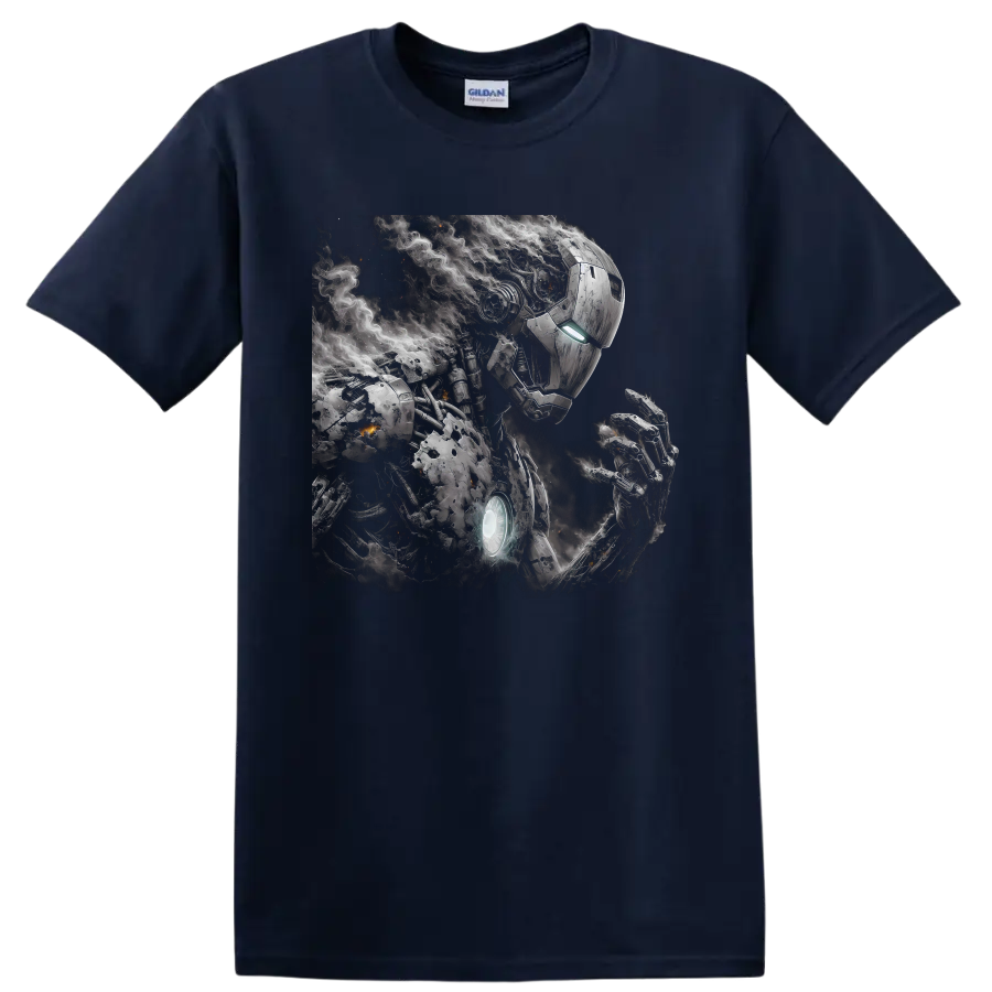 Iron Man battle-worn armor portrait with glowing reactor, smoke, and sparks on a Navy (Blue) T Shirt