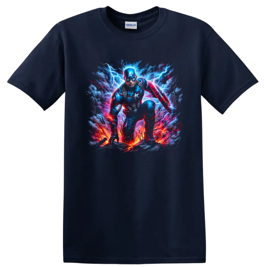 Captain America shield hero in electric lightning storm action graphic on a Navy (Blue) T Shirt