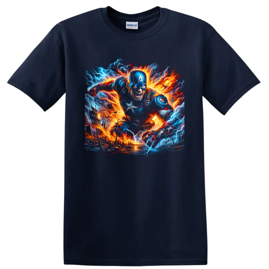 Captain America charging through lightning and fire in dynamic battle art on a Navy (Blue) T Shirt