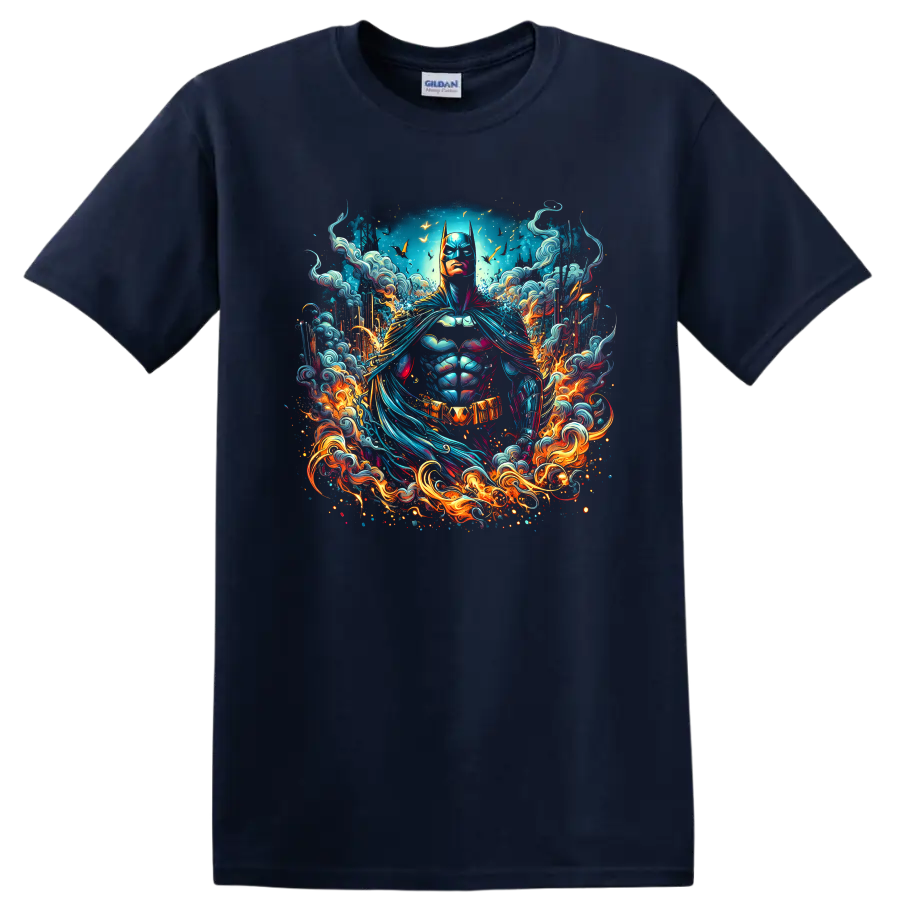 Batman in vibrant comic art with swirling waves, flames, and bat emblem on a Navy (Blue) T Shirt
