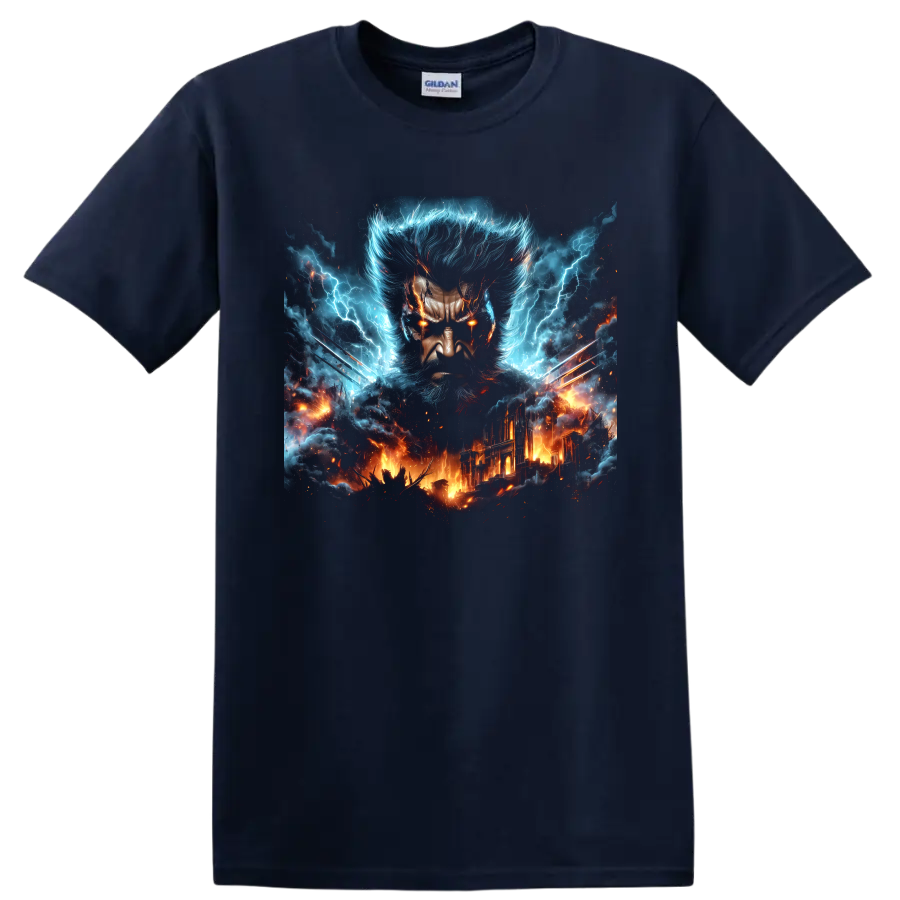 Wolverine portrait with metal claws, blue lightning, and fiery city comic art on a Navy (Blue) T Shirt