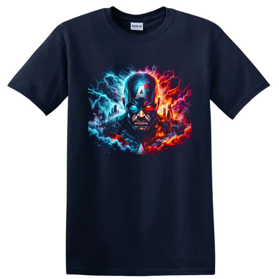Captain America portrait with split blue and red lightning cityscape graphic on a Navy (Blue) T Shirt