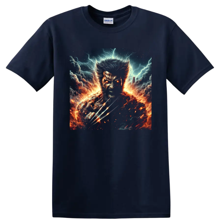 Wolverine revenge portrait with metal claws, lightning, fire, and storm artwork on a Navy (Blue) T Shirt