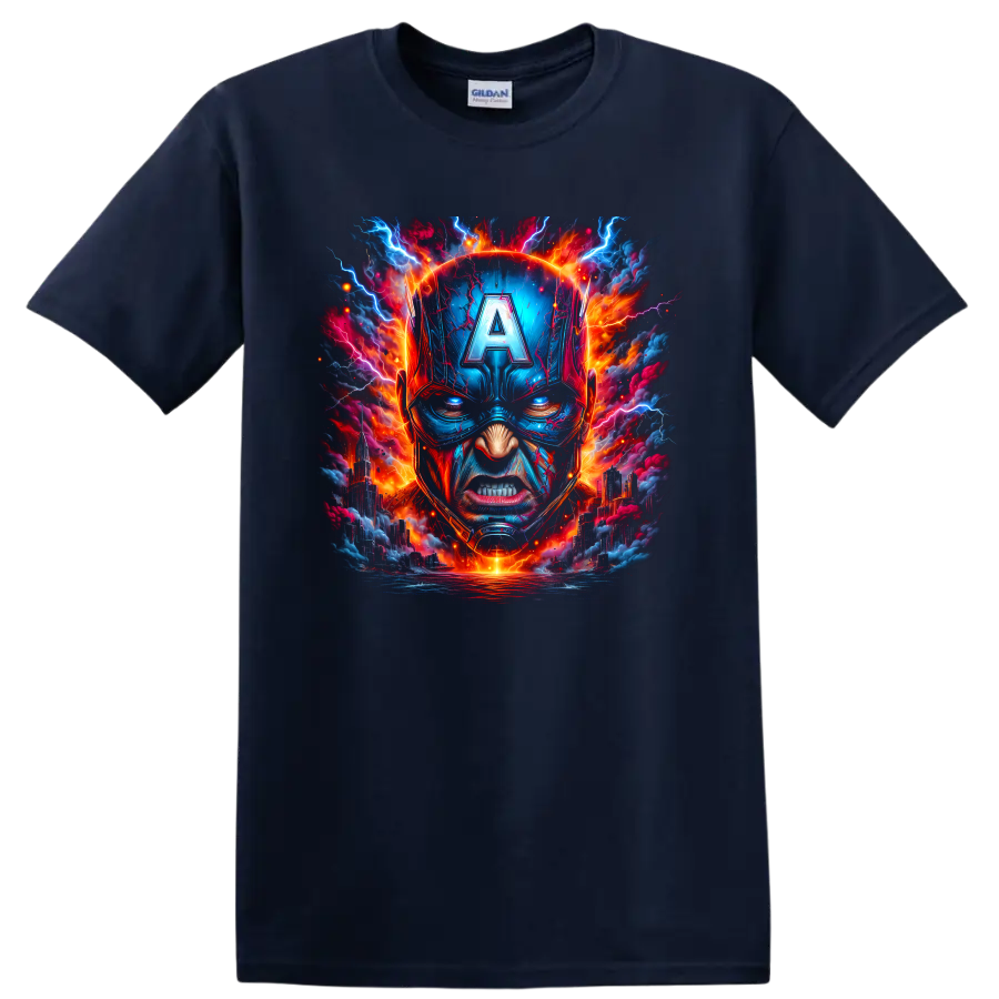 Captain America helmet portrait with electric lightning and fiery cityscape graphic art on a Navy (Blue) T Shirt