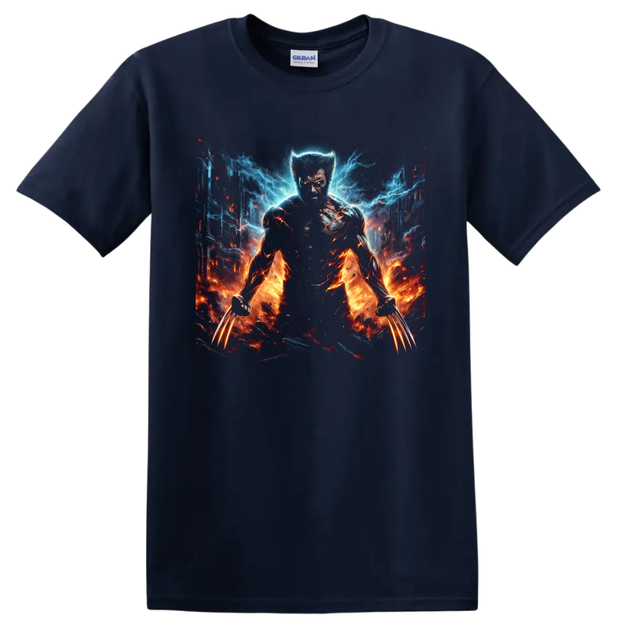 Wolverine comic-style hero with glowing claws, blue lightning, fire, and city backdrop on a Navy (Blue) T Shirt