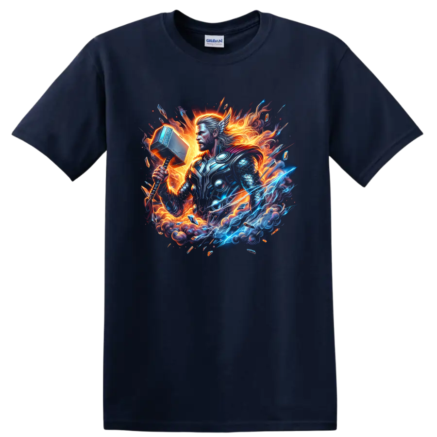 Thor armored hammer warrior in electric lightning and fiery fantasy graphic art on a Navy (Blue) T Shirt