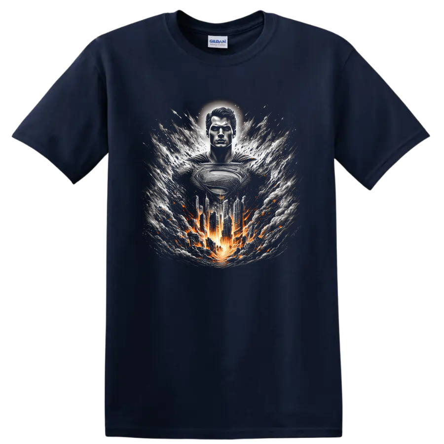 Superman with metallic emblem, fiery city, and swirling storm graphic art on a Navy (Blue) T Shirt