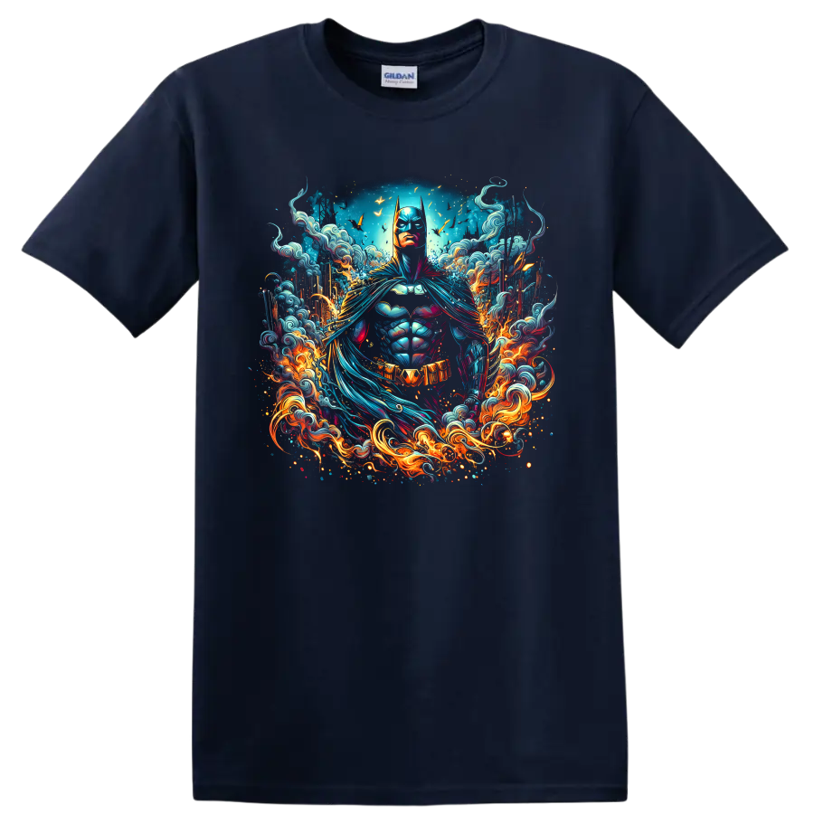 Batman neon comic art portrait with swirling blue waves, bats, and fiery flames on a Navy (Blue) T Shirt