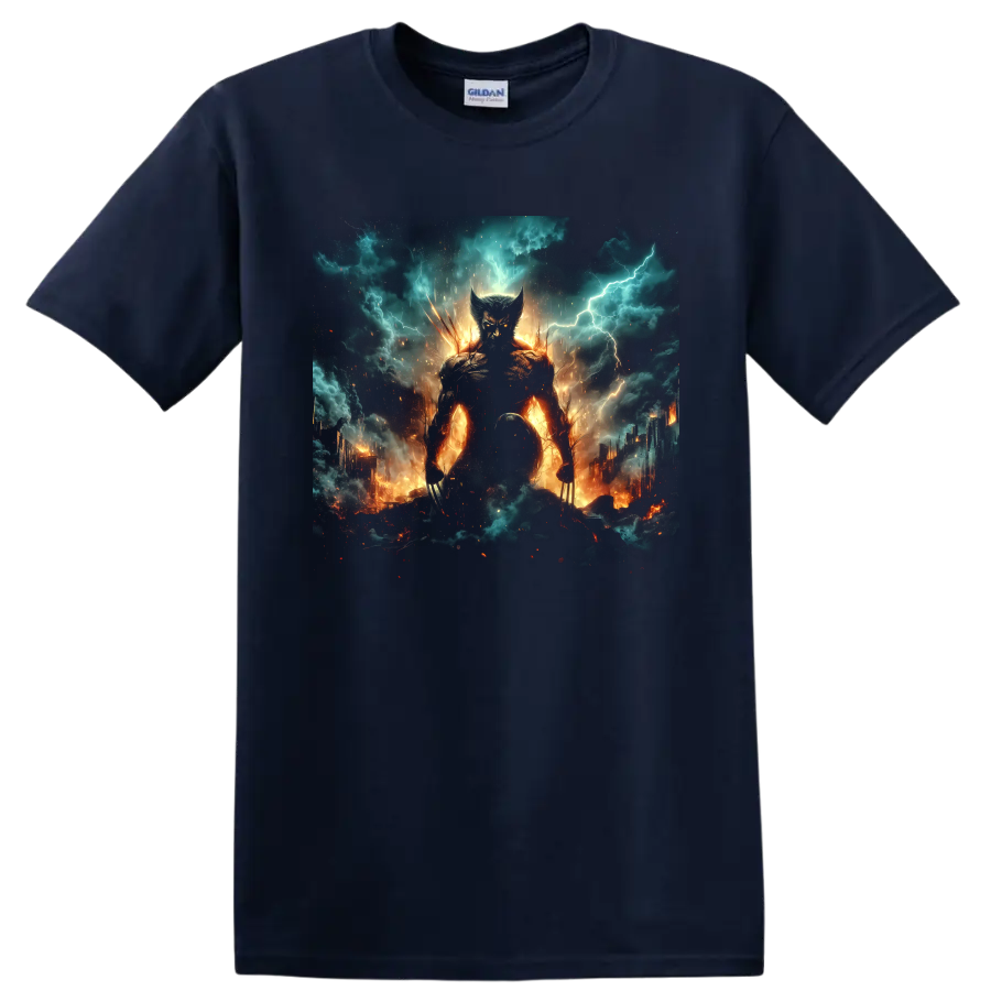 Wolverine clawed superhero in fiery storm battle graphic on a Navy (Blue) T Shirt