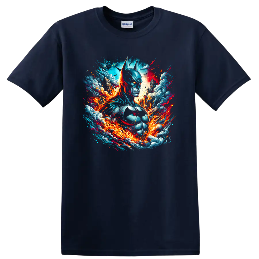 Batman comic art portrait with teal armor, fiery energy, clouds, and sparks on a Navy (Blue) T Shirt