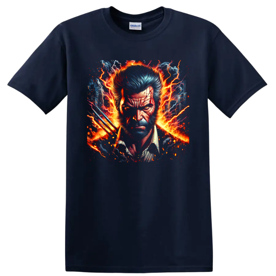 Wolverine portrait with claws, fiery lightning, and city comic art on a Navy (Blue) T Shirt
