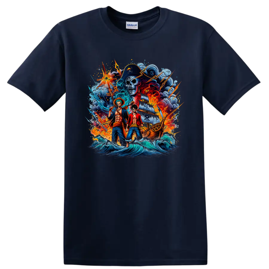 One Piece Luffy, Zoro, and Brook pirate ship adventure graphic print on a Navy (Blue) T Shirt