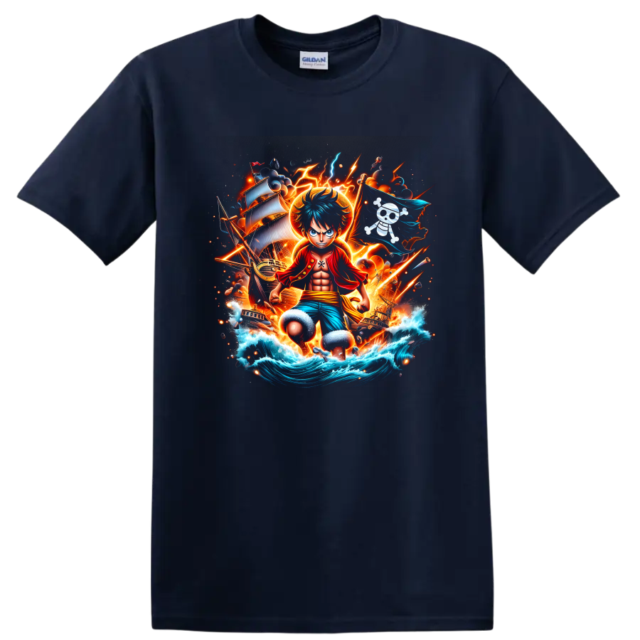 Monkey D. Luffy pirate adventure graphic with ships, lightning, waves, and pirate flag on a Navy (Blue) T Shirt