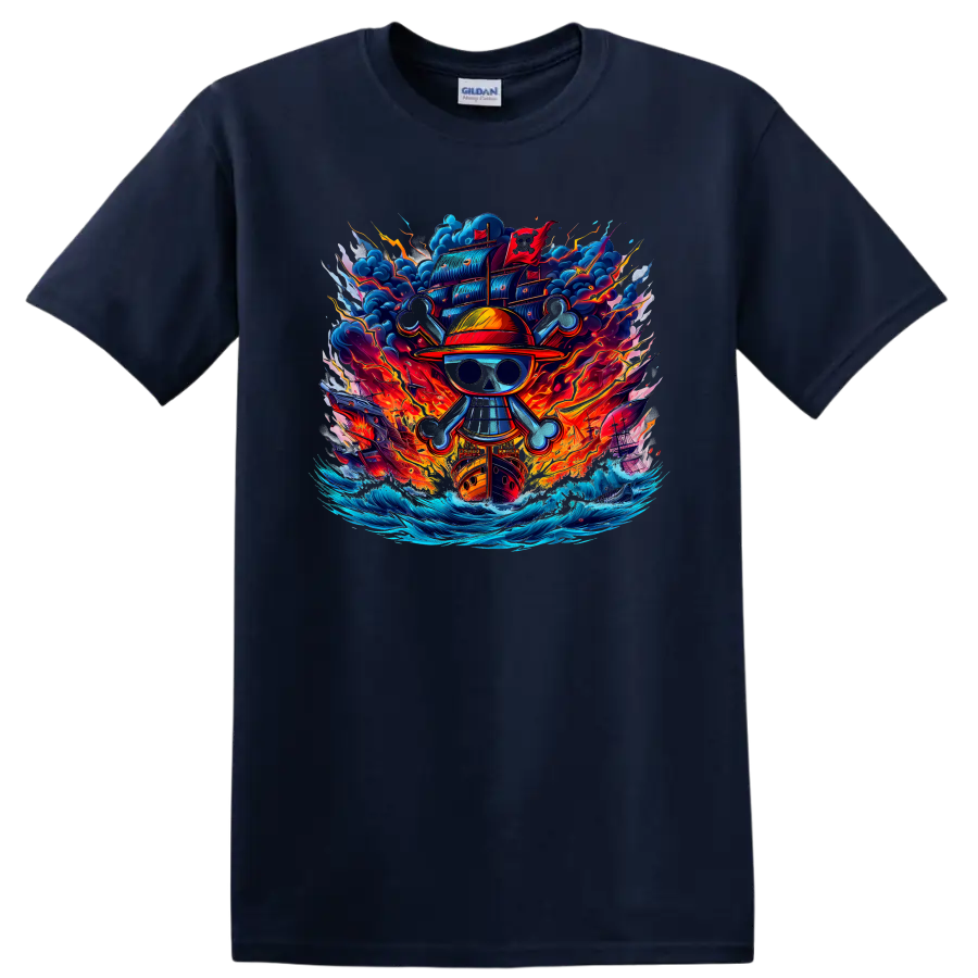 One Piece Straw Hat Pirates skull emblem with fiery ship, storm clouds, and ocean waves on a Navy (Blue) T Shirt