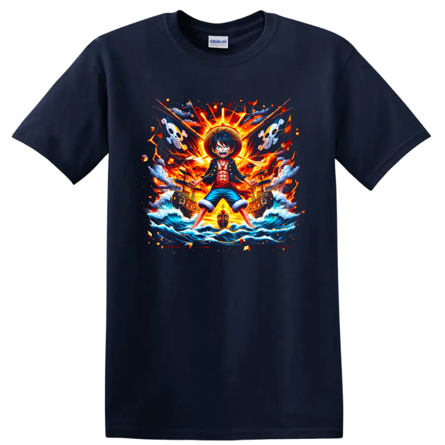Monkey D. Luffy anime action art with pirate ships, ocean waves, lightning, and sunburst on a Navy (Blue) T Shirt