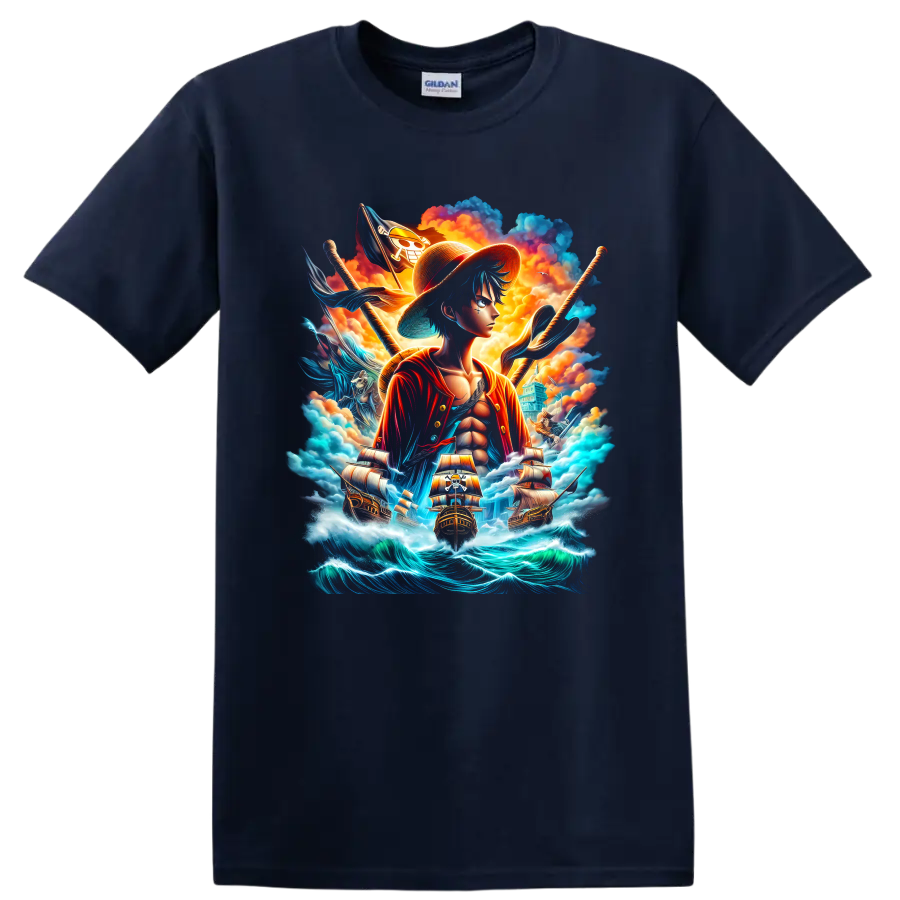 Monkey D. Luffy anime pirate artwork with ships, skull flag, clouds, and ocean waves on a Navy (Blue) T Shirt