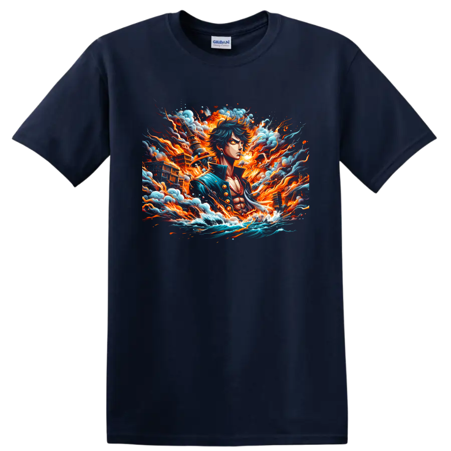 Monkey D. Luffy Gear 5 anime art with fiery energy, clouds, and crashing waves on a Navy (Blue) T Shirt