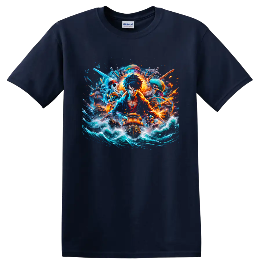 Monkey D. Luffy anime pirate adventure graphic with ships, waves, and glowing effects on a Navy (Blue) T Shirt