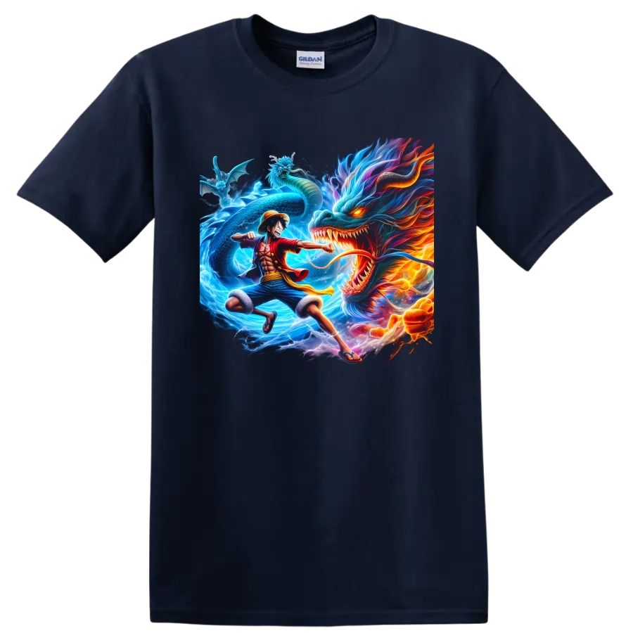 Monkey D. Luffy versus Kaido dragon battle in vivid One Piece anime art on a Navy (Blue) T Shirt