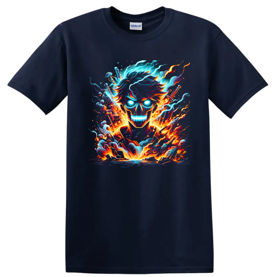 Satoru Gojo flaming skull with neon energy, crossed swords, smoke, and anime fire on a Navy (Blue) T Shirt