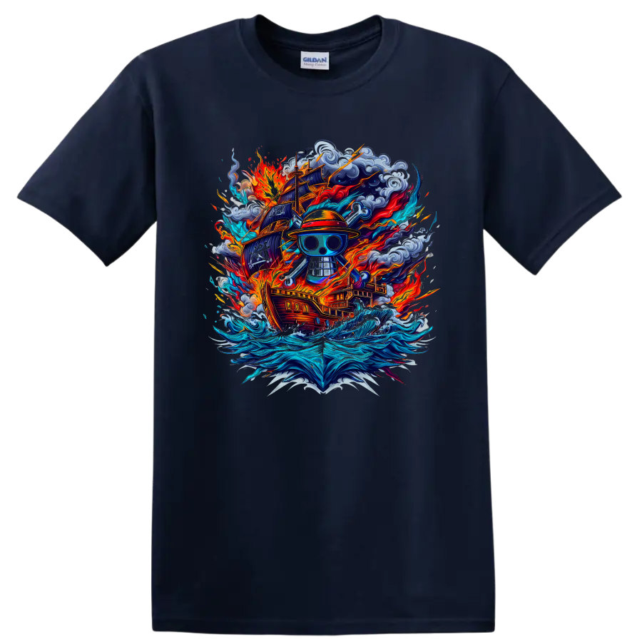 One Piece Straw Hat Pirates skull with fiery ship, storm clouds, and ocean waves on a Navy (Blue) T Shirt