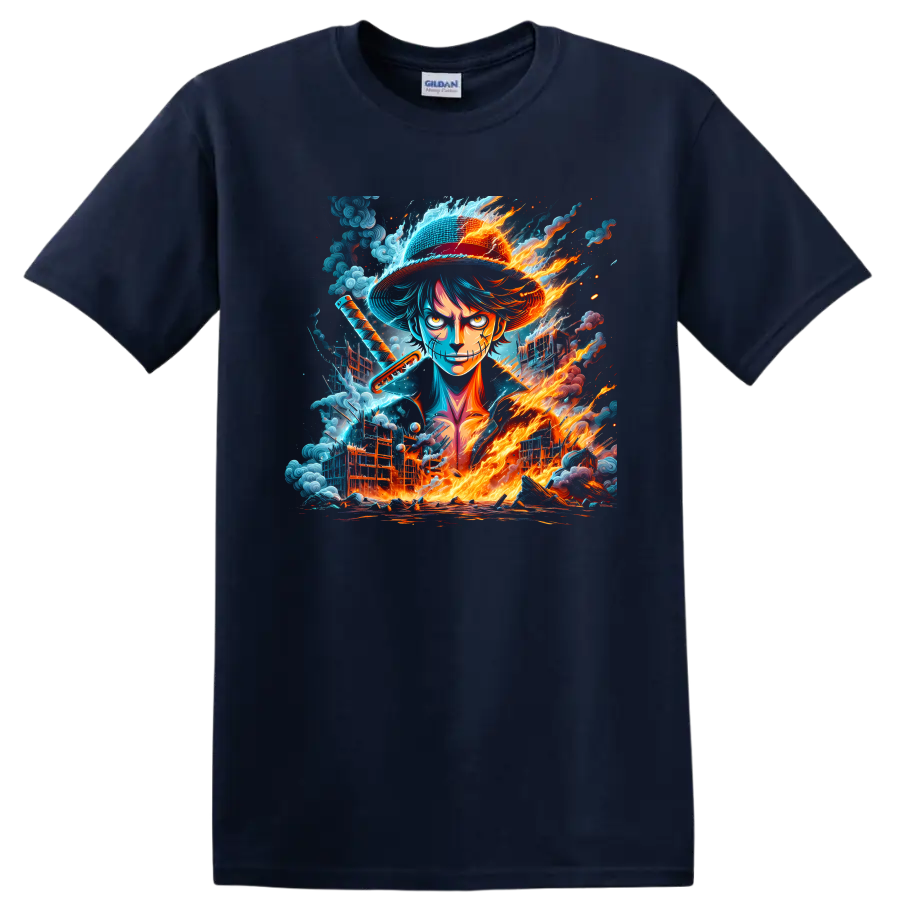 Monkey D. Luffy in a fiery blue anime warrior graphic with straw hat and sword on a Navy (Blue) T Shirt