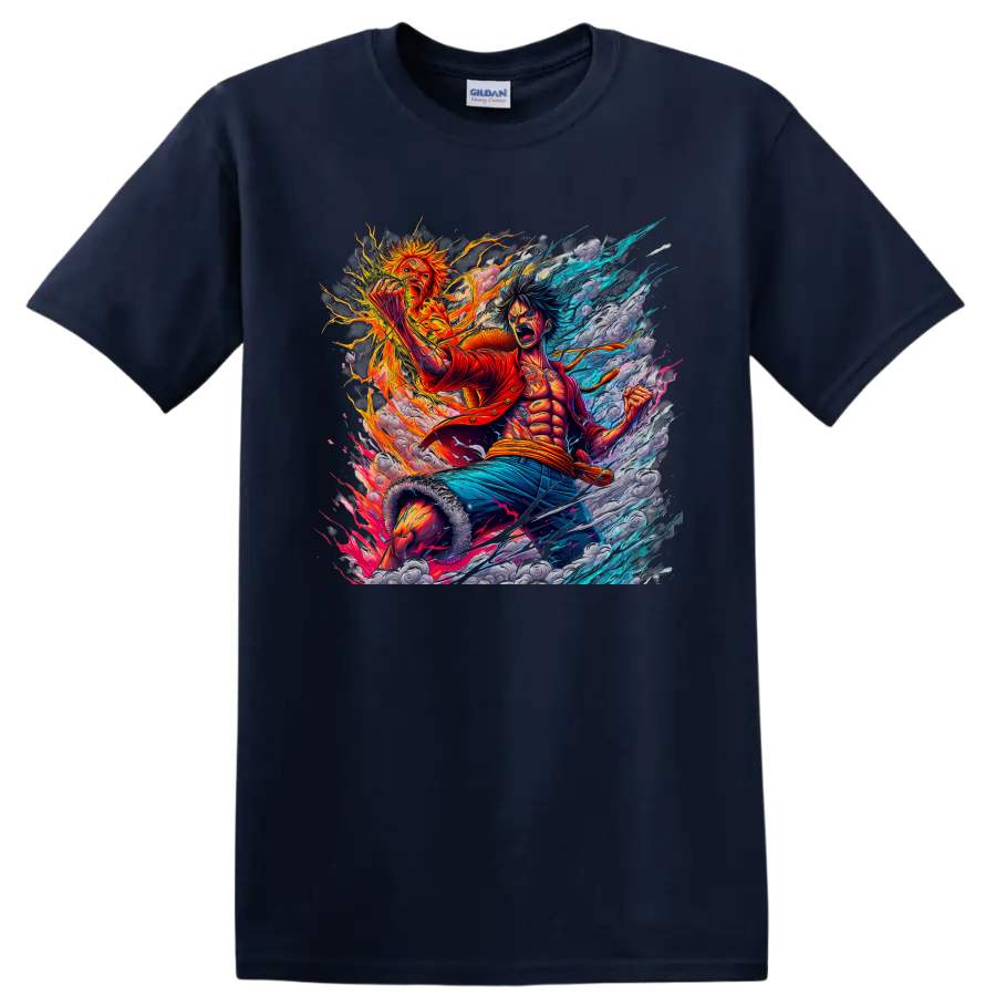 Monkey D. Luffy fiery One Piece anime action graphic with blue energy streaks on a Navy (Blue) T Shirt