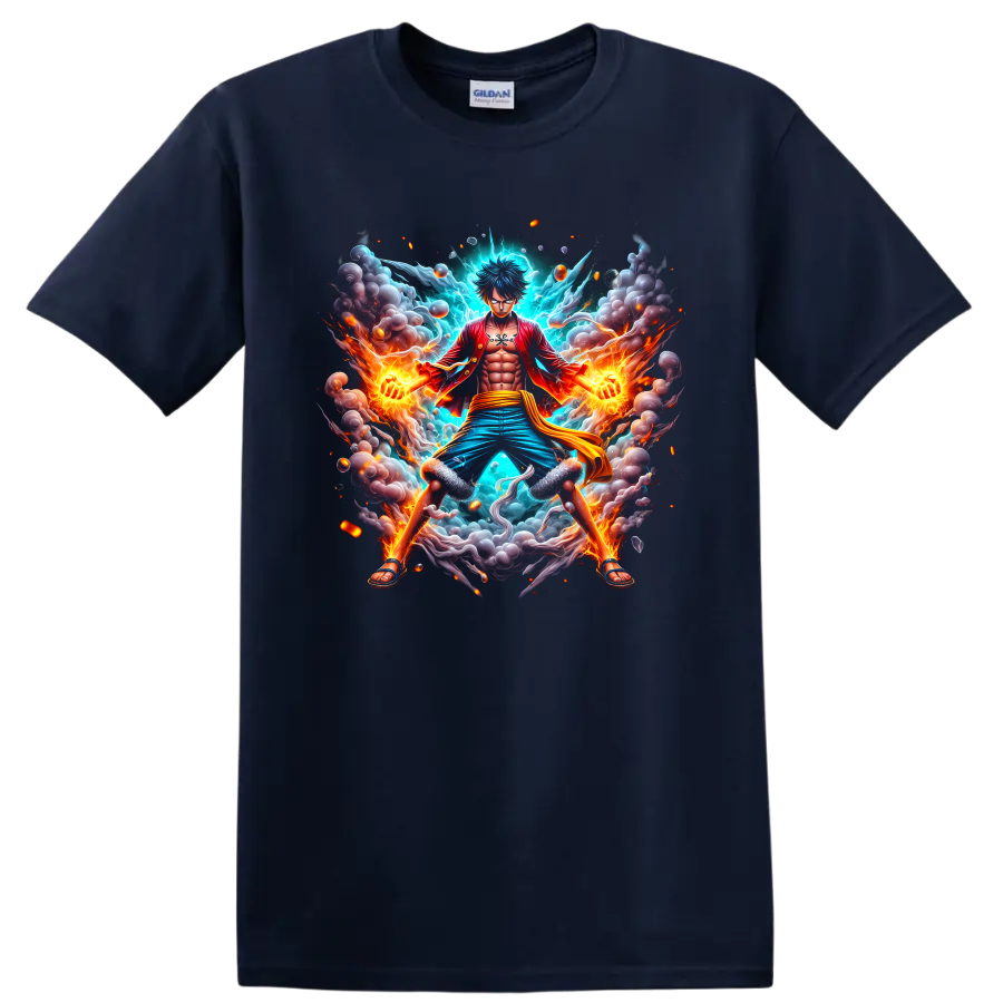 Monkey D. Luffy Gear 5 anime action graphic with fire, lightning, smoke, and sparks on a Navy (Blue) T Shirt