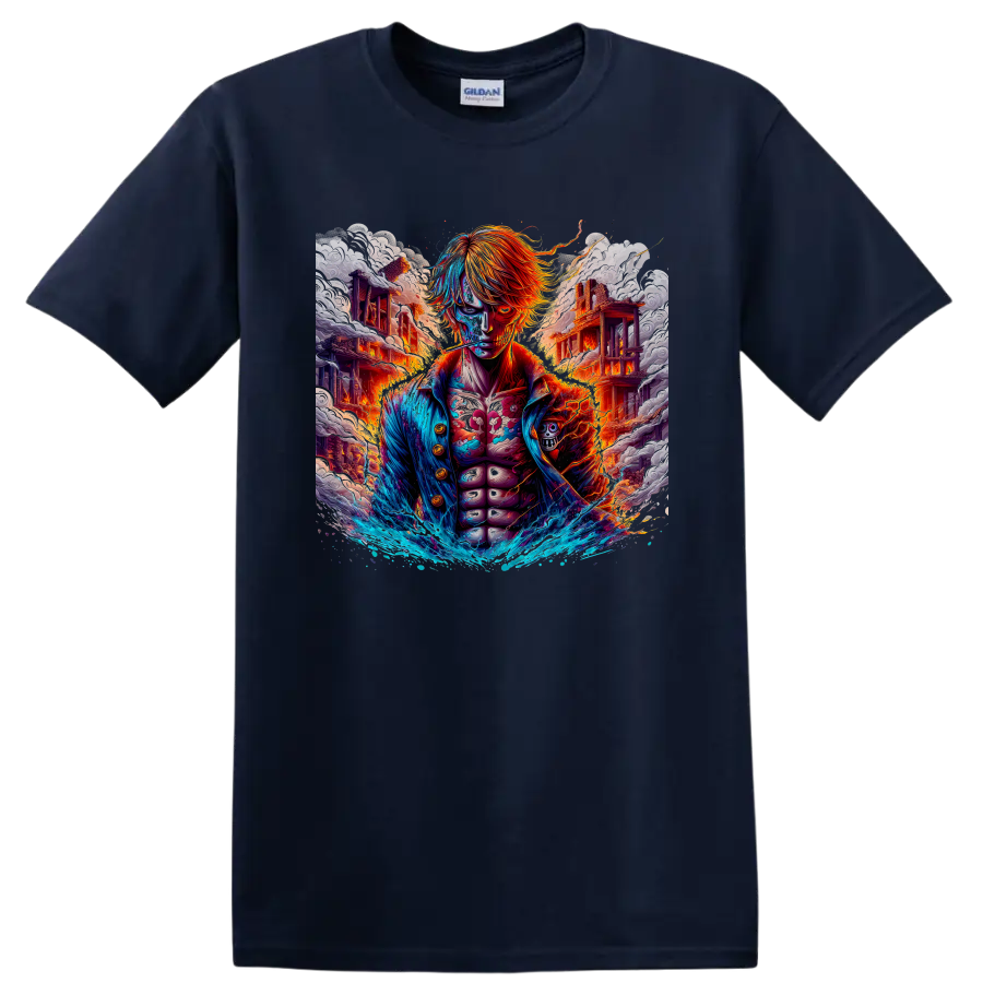 Sanji One Piece anime battle graphic with fire, blue water waves, and ruined buildings on a Navy (Blue) T Shirt