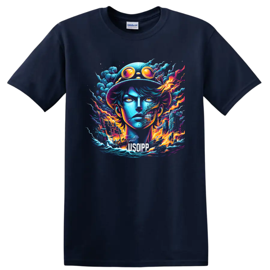 Usopp neon pirate portrait with goggles, skull effect, waves, ship, and flames on a Navy (Blue) T Shirt