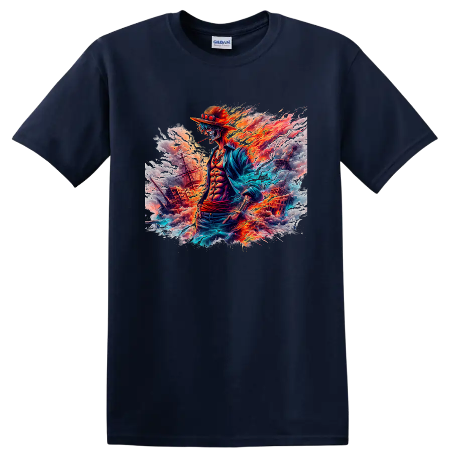 Portgas D. Ace fire pirate battle graphic with ships, flames, and ocean energy on a Navy (Blue) T Shirt