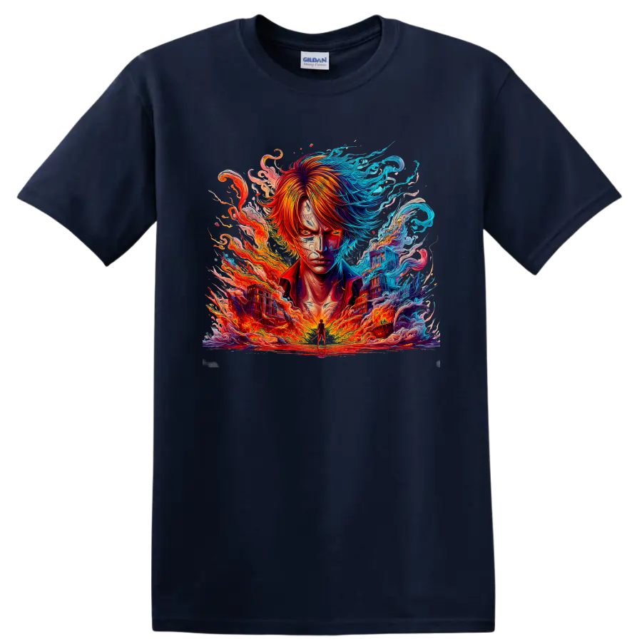 Shanks anime portrait with fire, waves, and vivid blue and orange energy on a Navy (Blue) T Shirt