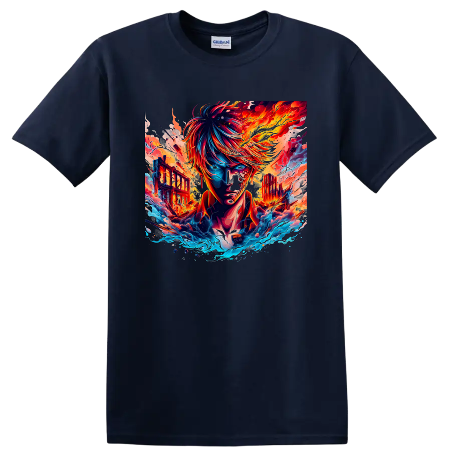 Sanji One Piece fiery anime warrior with flames, waves, and ruined city art on a Navy (Blue) T Shirt