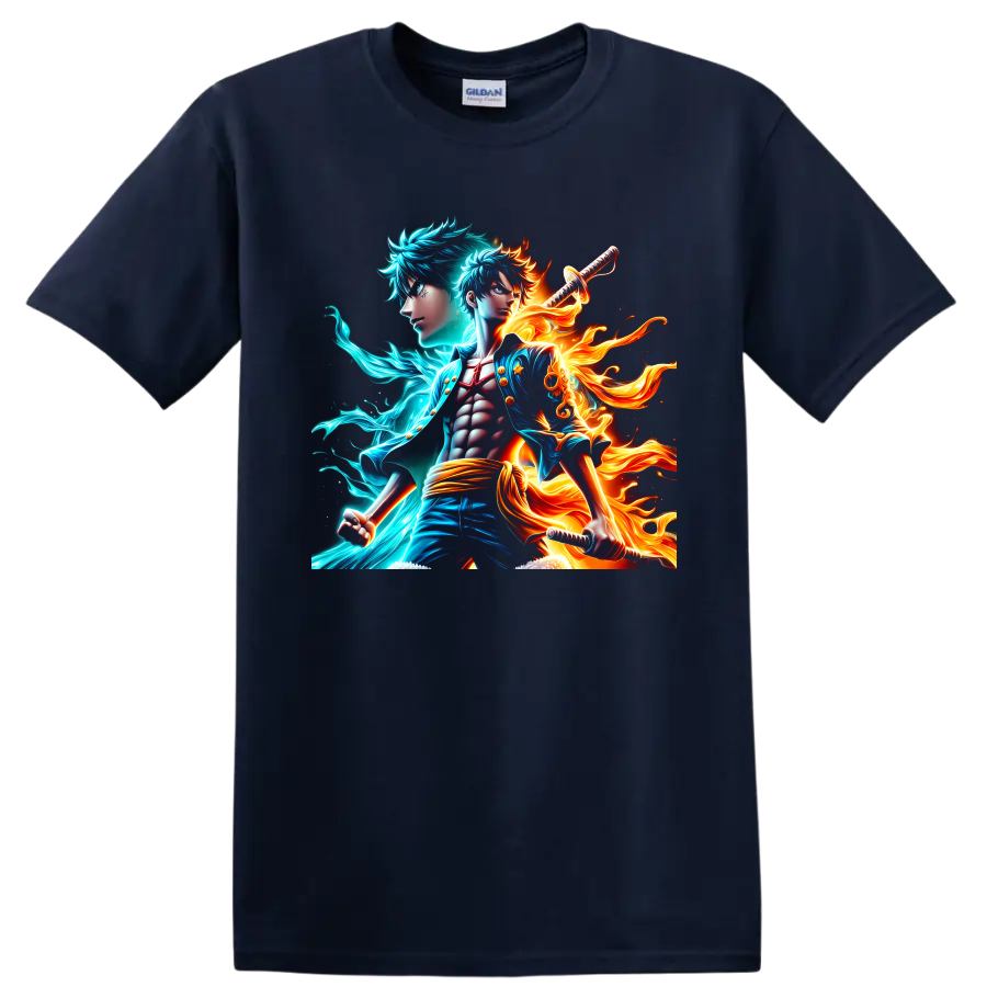 Monkey D. Luffy and Portgas D. Ace anime warrior art with cyan energy and flames on a Navy (Blue) T Shirt