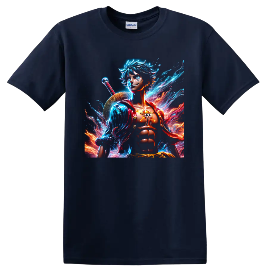 Monkey D. Luffy Gear 5 neon anime pirate warrior with straw hat and energy waves on a Navy (Blue) T Shirt