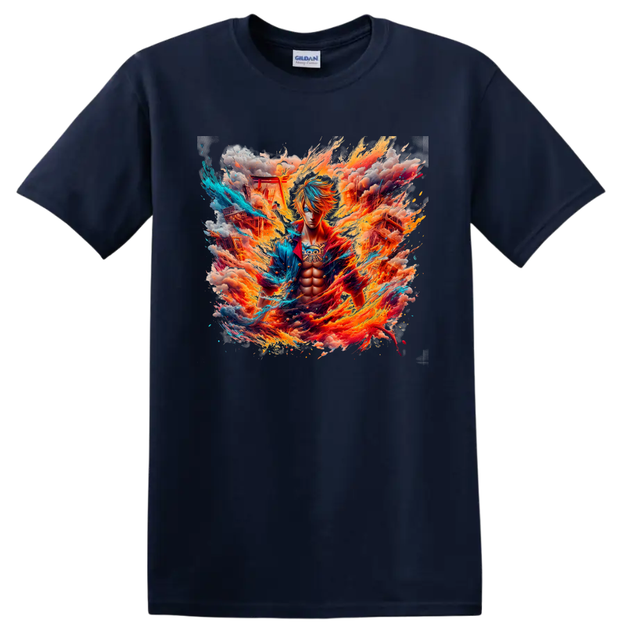 Sanji One Piece anime warrior graphic with flames, blue energy, smoke, and ruins on a Navy (Blue) T Shirt