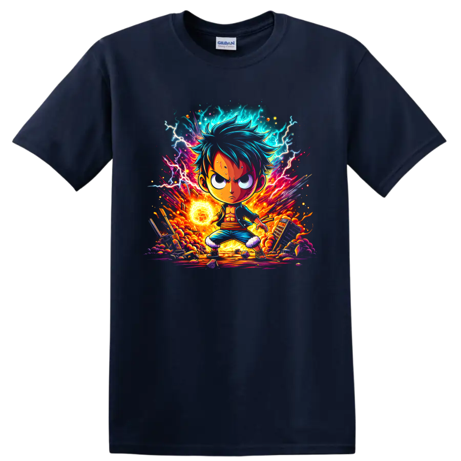 Monkey D. Luffy anime hero graphic with lightning, fire, glowing energy, and rubble on a Navy (Blue) T Shirt