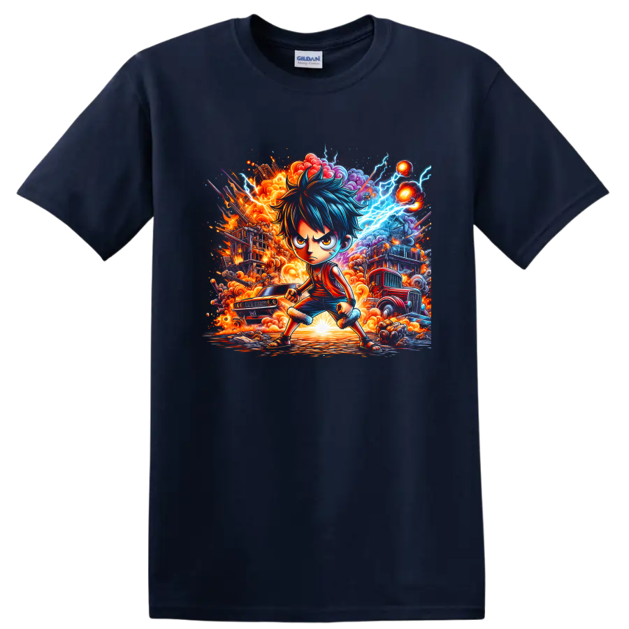Monkey D. Luffy Gear 5-inspired anime fighter with fiery clouds and blue lightning on a Navy (Blue) T Shirt