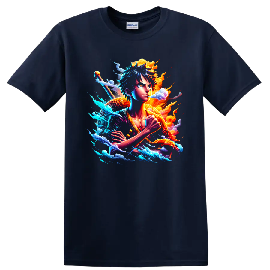 Monkey D. Luffy Gear 5-inspired anime action art with waves, clouds, and flames on a Navy (Blue) T Shirt