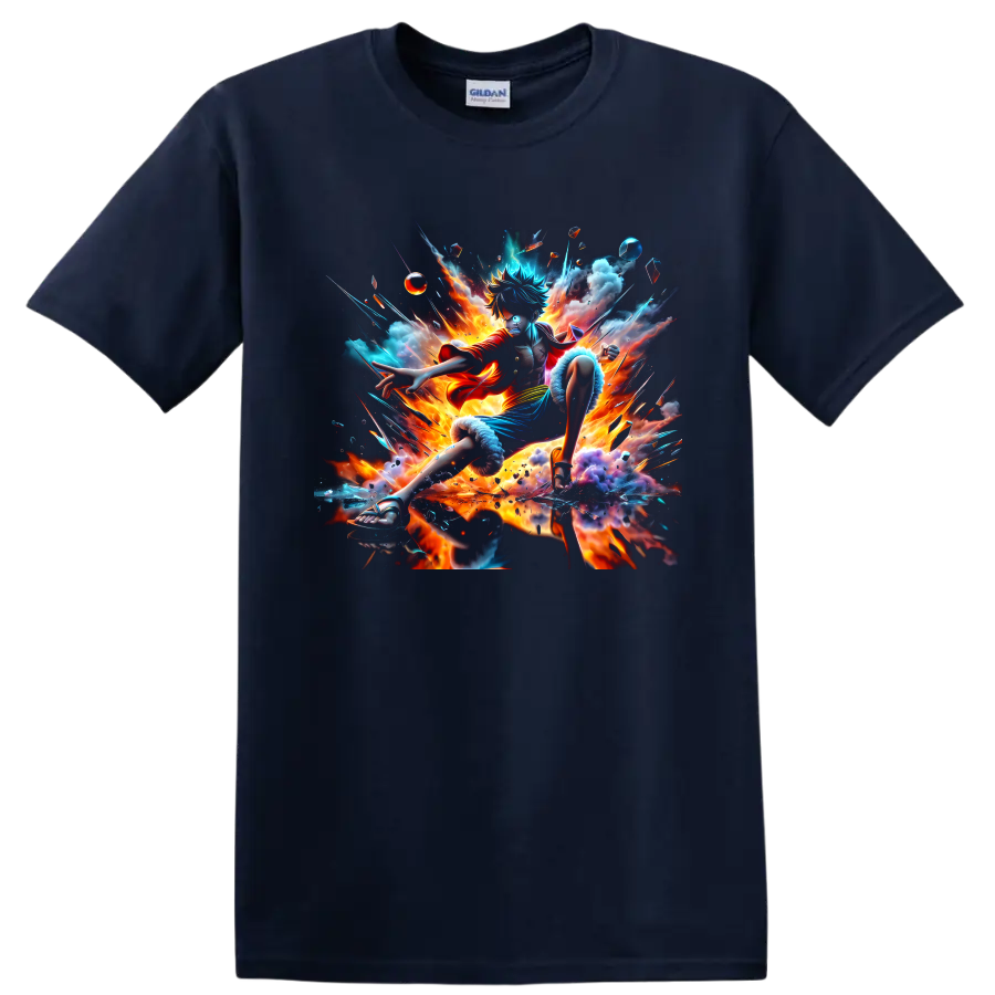 Monkey D. Luffy Gear 5 fiery anime action graphic with clouds and energy bursts on a Navy (Blue) T Shirt