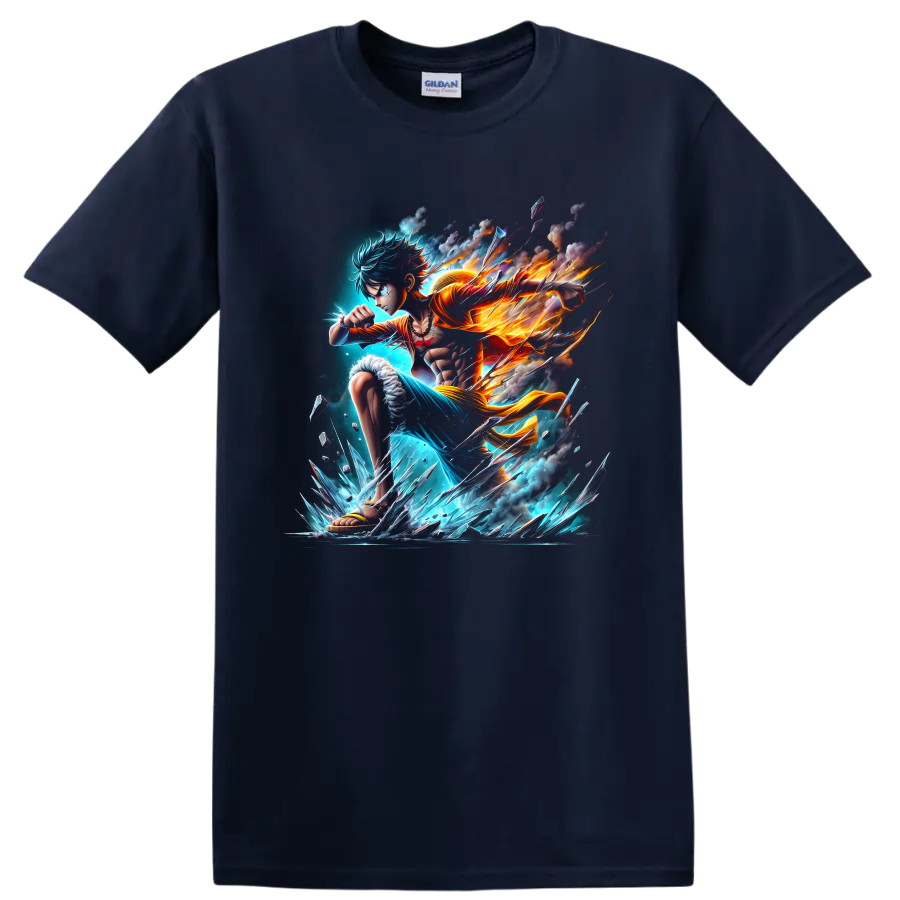 Monkey D. Luffy Gear 5-inspired anime warrior with fire, blue energy, and ice shards on a Navy (Blue) T Shirt