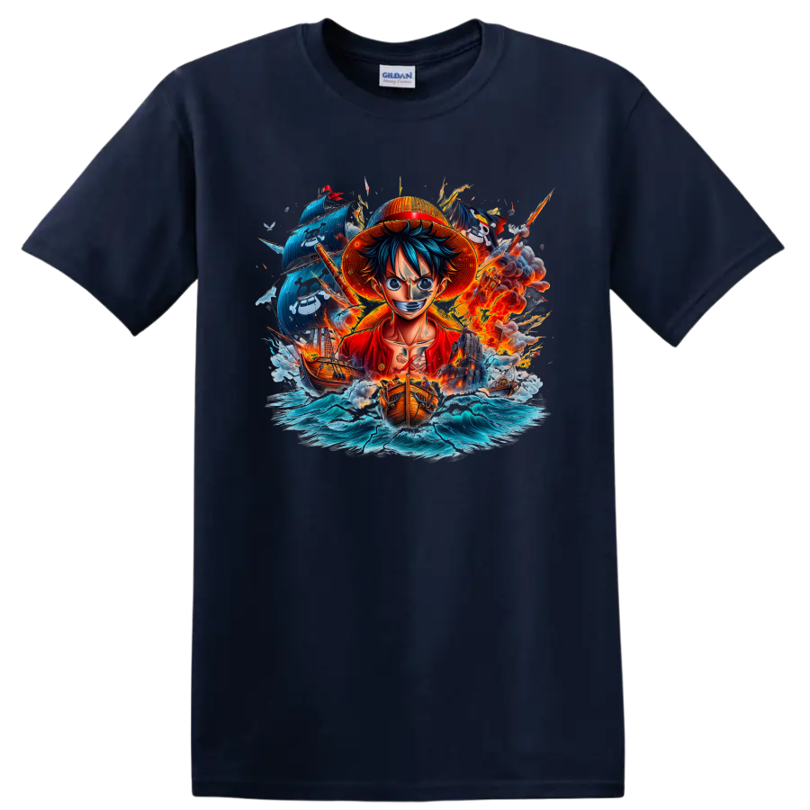 Monkey D. Luffy anime pirate graphic with ships, ocean waves, and fiery action on a Navy (Blue) T Shirt