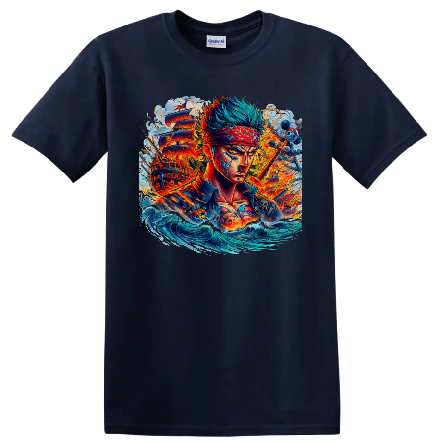 Roronoa Zoro anime pirate portrait with ships, crashing waves, and fiery energy on a Navy (Blue) T Shirt