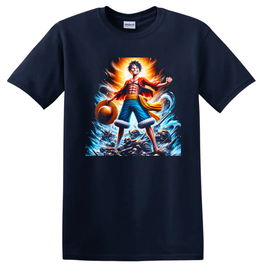 Monkey D. Luffy One Piece pirate battle graphic with waves, straw hat, and glowing aura on a Navy (Blue) T Shirt