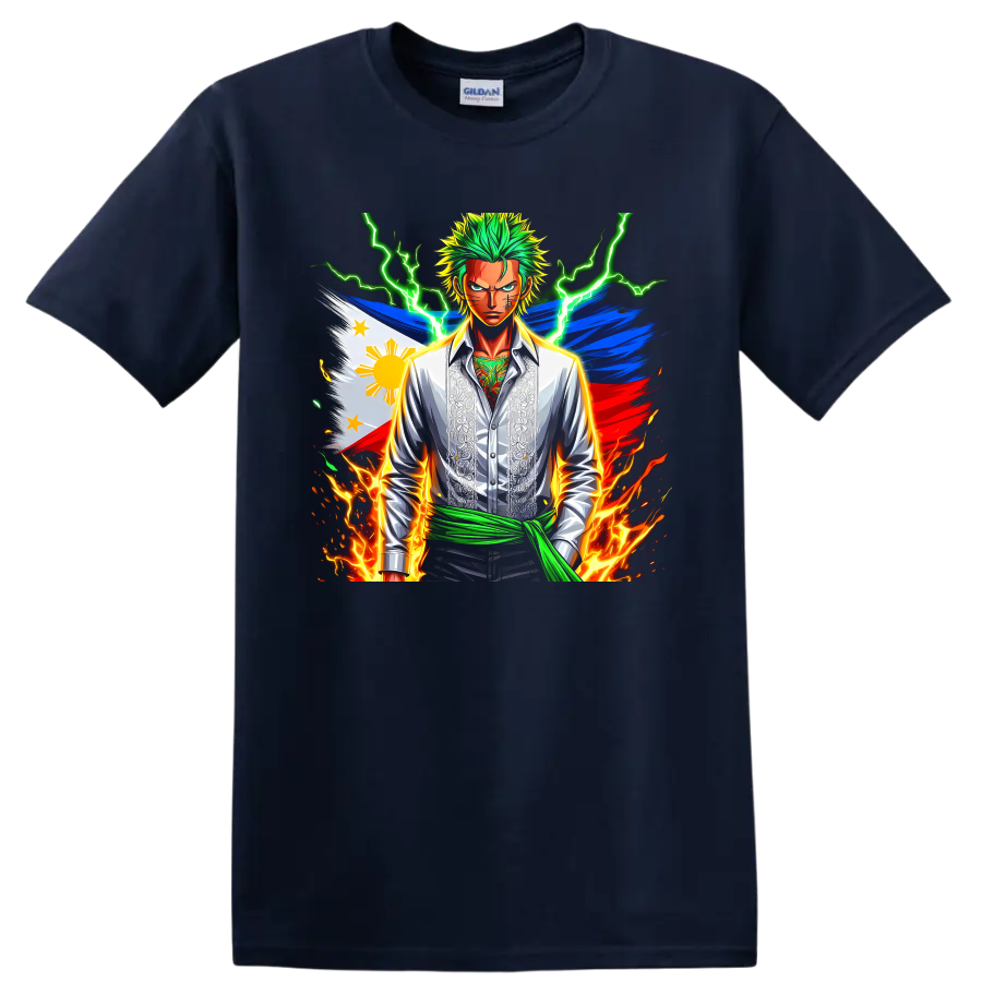 Roronoa Zoro anime graphic with Philippine flag, green lightning, and flames on a Navy (Blue) T Shirt