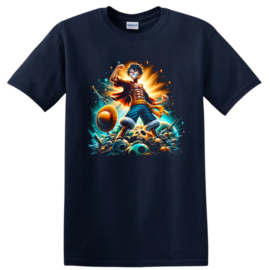 Monkey D. Luffy anime pirate hero graphic with straw hat, swords, skulls, and radiant on a Navy (Blue) T Shirt
